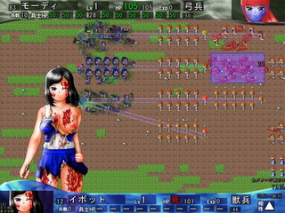 虐殺大陸　サンプルゲームVer.100のゲーム画面「戦いでは生身の人間が傷つき、死んでいきます・・・グロドット絵にもご注目！」