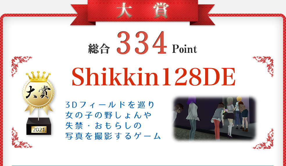 【大賞】Shikkin128DE（女の子の野しょんや失禁・おもらしの写真を撮るゲーム）総合334Point
