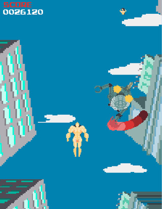 飛ぶ筋肉侍女長　試作版のゲーム画面「ボス戦だけゲーム性ががらりと変化。シューターご立腹の余計なシステムを導入。」
