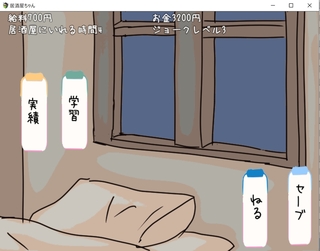 居酒屋ちゃん物語-酒とHと男と女ー(体験版)のゲーム画面「帰宅後は実績確認や能力強化、セーブなどができます。」