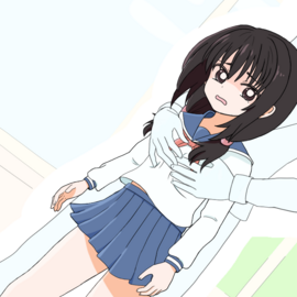 ゲーム内で生徒の胸を触るシーンです