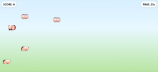 おしりたたきゲームのゲーム画面「プレイ画面。画面内を飛び回るおしりを素早くタップ！」