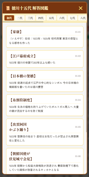 徳川将軍牌合わせパズルのゲーム画面「ゲーム画面の右上に正解図鑑を用意しています。HPを使うことで全部の正解が見れます。」