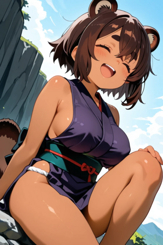 タヌキちゃんの崖登り（強制縦スクロールアクション）のゲーム画面「忍服姿のタヌキちゃんオンリーです。」